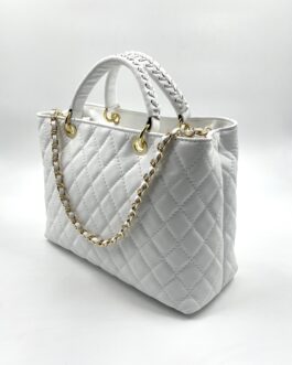 Дамска луксозна чанта от естествена кожа в бяло 777