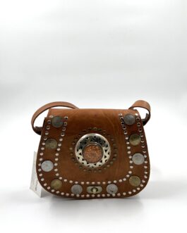 Дамска чанта от естествена кожа с камък и монети натурал 4