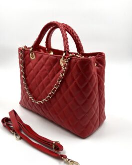 Дамска луксозна чанта от естествена кожа в червено 777