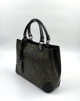 Дамска чанта от естествена кожа черно със злато 188