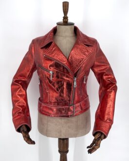 Дамско яке от естествена кожа с уникален ефект в оранжево