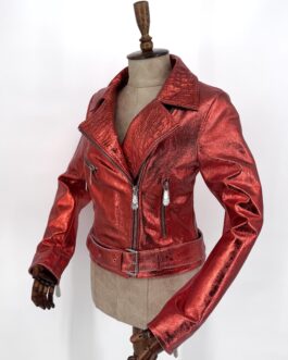 Дамско яке от естествена кожа с уникален ефект в оранжево