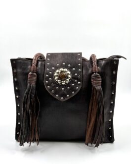 Дамска чанта от естествена кожа с ресни и плетени дръжки