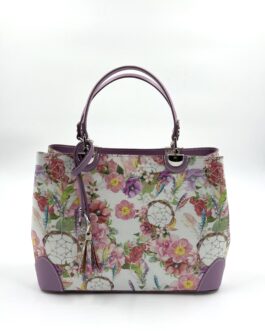 Дамска чанта от естествена кожа с флорален мотив в лилаво 188