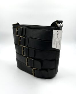 Дамска чанта от естествена кожа с колани ръчна изработка в черно 610