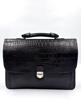 Голяма бизнес чанта от естествена кожа с ефектна щампа в тъмнокафяво 877