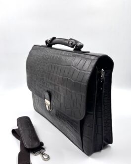 Голяма бизнес чанта от естествена кожа с ефектна щампа в тъмнокафяво 877