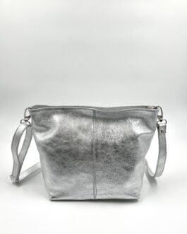 Дамска чанта през рамо от естествена кожа в сребристо 216