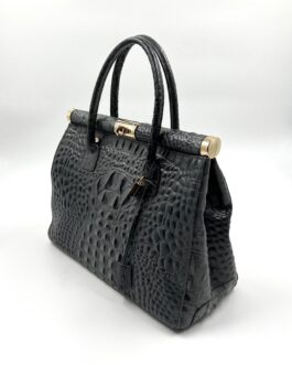 Дамска луксозна чанта от естествена кожа в тъмносиво