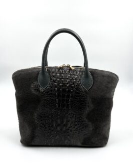 Дамска чанта от естествен велур с ефектна крокодилска щампа в сиво