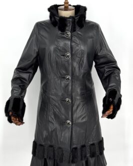 Дълго зимно палто от естествена кожа и естествен косъм на норка в черно