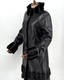 Дълго зимно палто от естествена кожа и естествен косъм на норка в черно