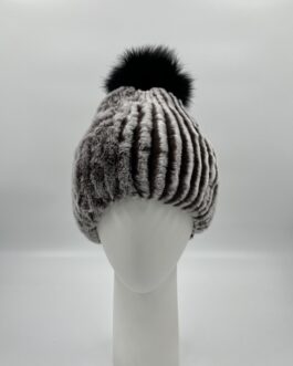 Дамска шапка от естествен косъм чинчила и лисица в сиво и черно