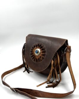 Мароканска чанта през рамо със слънце и камък от естествена кожа в кафяво