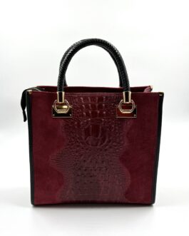 Дамска чанта с ефектна кроко щампа от естествена кожа в тъмночервено 01139