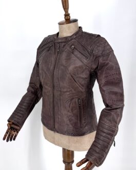 Дамско винтидж байкър яке от естествена кожа в кафяв цвят