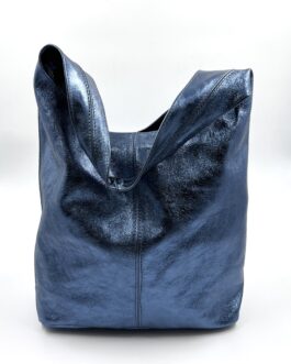 Дамска торба от естествена кожа в перлено син цвят