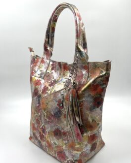 Дамска чанта тип торба от естествена кожа с ефектен принт цветя 166