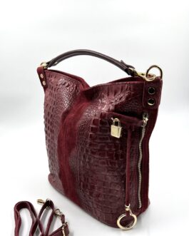 Дамска чанта от естествен велур с ефектна кроко щампа в тъмно червено 0196