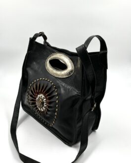 Мароканска чанта със слънце и камък от естествена кожа в черно
