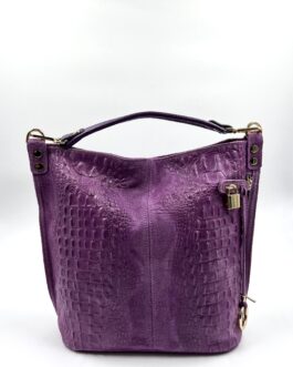 Дамска чанта от естествен велур с ефектна кроко щампа в лилаво 0196