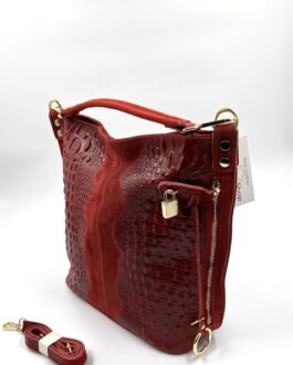 Дамска чанта от естествен велур с ефектна кроко щампа в червено 0196
