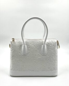 Дамска чанта с релефна щампа от естествена кожа в бяло