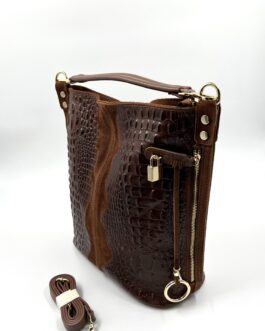 Дамска чанта от естествен велур с ефектна кроко щампа в тъмнокафяво 0196