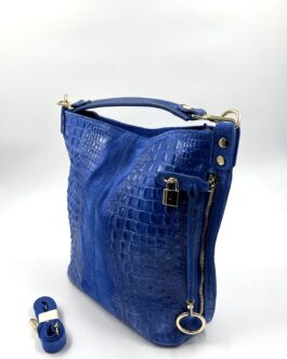 Дамска чанта от естествен велур с ефектна кроко щампа в цвят кралско синьо 0196