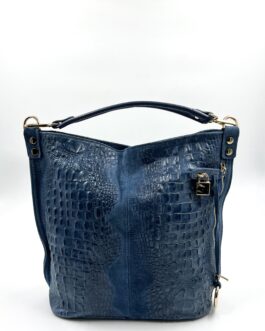 Дамска чанта от естествен велур с ефектна кроко щампа в синьо 0196