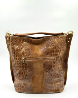 Дамска чанта от естествен велур с ефектна кроко щампа в кафяво 0196