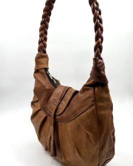 Дамска чанта с плетена дръжка от естествена кожа натурал 0844