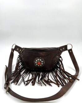 Дамска бохо чанта тип паласка от естествена кожа с ресни и камък