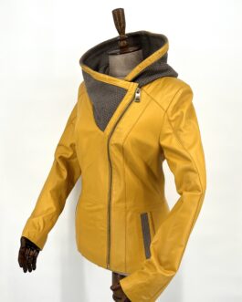 Дамско яке с качулка от естествена кожа в жълт цвят