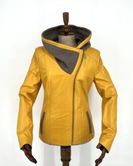 Дамско яке с качулка от естествена кожа в жълт цвят