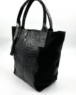 Дамска чанта тип торба от естествен велур в черно 220