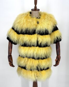 Дамски дълго палто с къс ръкав от естествен косъм на лама и чинчила