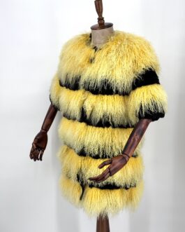 Дамски дълго палто с къс ръкав от естествен косъм на лама и чинчила