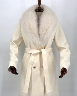 Луксозно дамско кашмирено палто с яка от естествен косъм на лисица