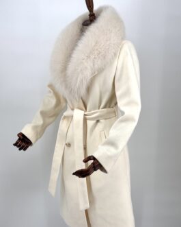 Луксозно дамско кашмирено палто с яка от естествен косъм на лисица