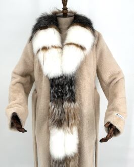 Дамско дълго палто от алкантара и естествен косъм на лисица