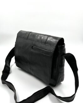 Голяма унисекс чанта през рамо от естествена кожа в черно