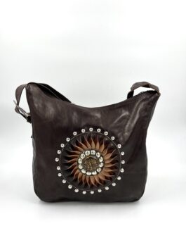 Дамска чанта със слънце и камък от естествена кожа в тъмнокафяво 0977