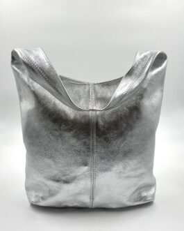 Дамска торба от естествена кожа в сребристо