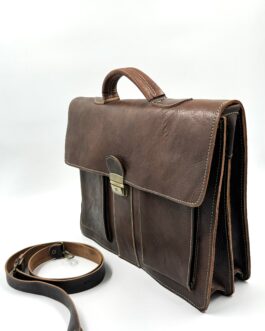 Голяма винтидж чанта тип куфарче от естествена кожа в тъмнокафяво 0680
