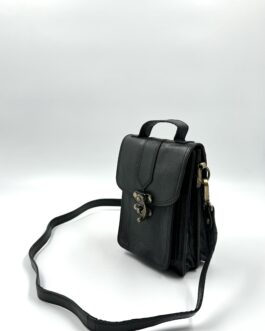 Компактна мъжка чанта от естествена кожа в черно 0438