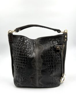 Дамска чанта от естествен велур с ефектна кроко щампа в тъмносиво 0196