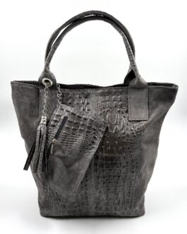 Дамска чанта тип торба от естествен велур в сиво 220