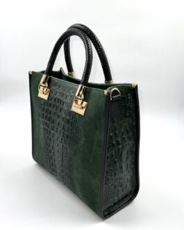 Дамска чанта с ефектна кроко щампа в тъмнозелено 01139