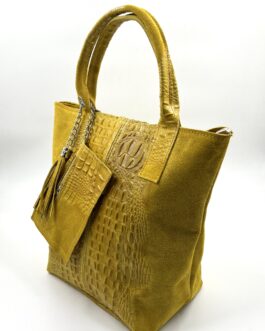 Дамска чанта тип торба от естествен велур в жълто 220